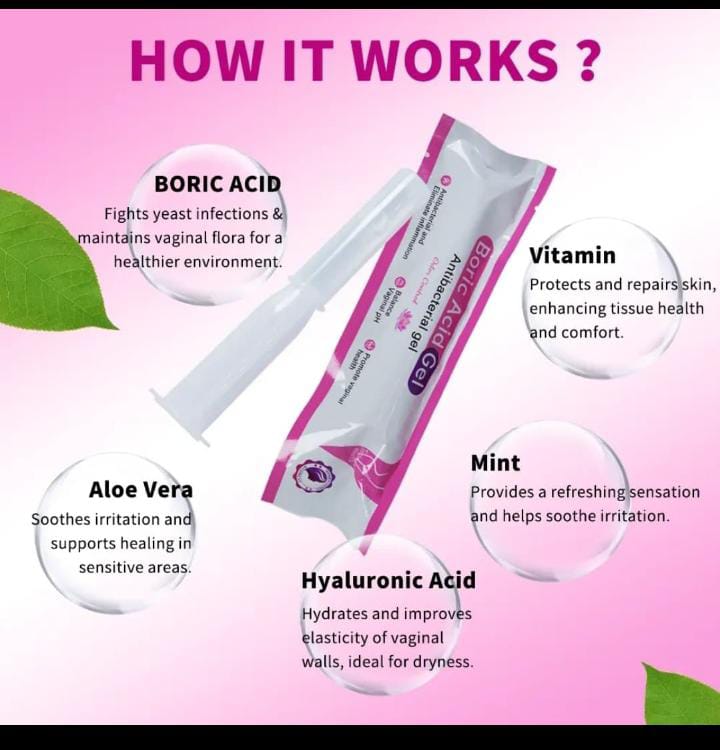 Boric Acid Gel is a skincare product used to help treat acne, pimples, and skin irritation. It has natural antibacterial and antifungal properties, which help cleanse the skin, reduce breakouts, and keep pores clear.

Benefits:
• Helps reduce acne and pim