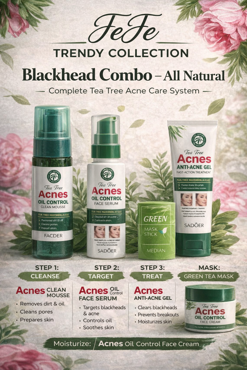🌿 Tea Tree Blackhead Combo (Complete Skin Care Set)
Deep cleanse. Clear pores. Smooth glowing skin.
Our Tea Tree Blackhead Combo is a powerful 4-step skincare system designed to remove blackheads, control oil, and prevent breakouts while keeping.